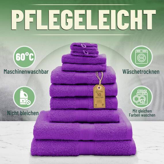 Green Mark Handtuch-Set mit 10 Teilen – 100% Baumwolle – 4 Handtücher 50×100 cm, 2 große Duschtücher 70×140 cm, 2 Gästetücher 30×50 cm und 2 Waschhandschuhe – Lila