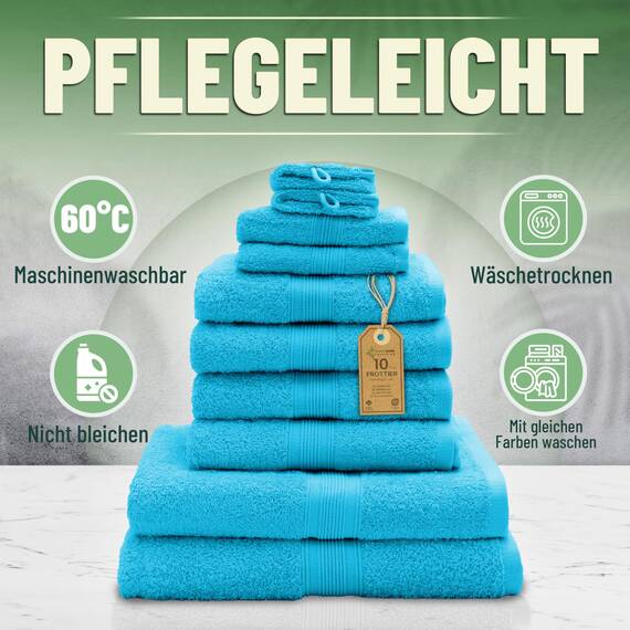 Green Mark Handtuch-Set mit 10 Teilen – 100% Baumwolle – 4 Handtücher 50×100 cm, 2 große Duschtücher 70×140 cm, 2 Gästetücher 30×50 cm und 2 Waschhandschuhe – Türkis