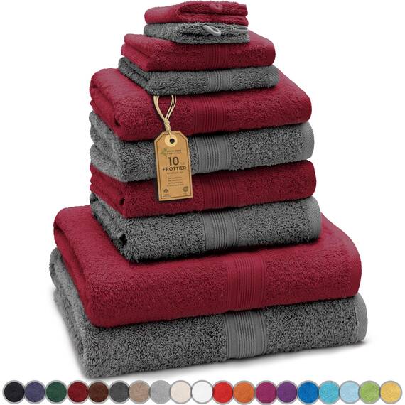Green Mark Handtuch-Set mit 10 Teilen – 100% Baumwolle – 4 Handtücher 50×100 cm, 2 große Duschtücher 70×140 cm, 2 Gästetücher 30×50 cm und 2 Waschhandschuhe – Anthrazit/Bordeaux