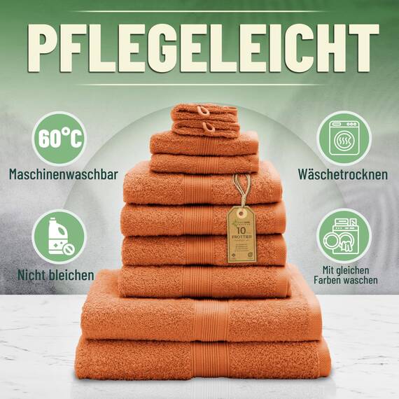 Green Mark Handtuch-Set mit 10 Teilen – 100% Baumwolle – 4 Handtücher 50×100 cm, 2 große Duschtücher 70×140 cm, 2 Gästetücher 30×50 cm und 2 Waschhandschuhe – Terrakotta