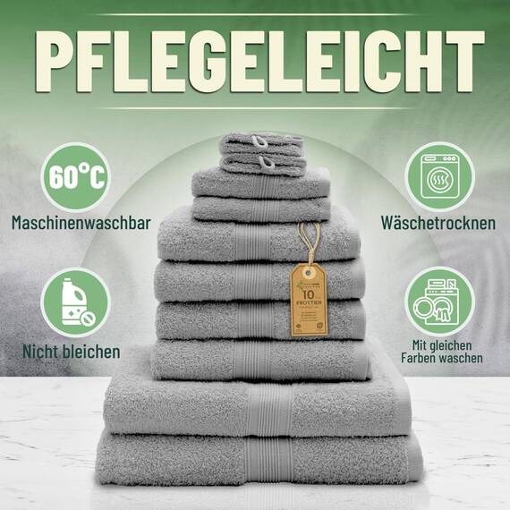 Green Mark Handtuch-Set mit 10 Teilen – 100% Baumwolle – 4 Handtücher 50×100 cm, 2 große Duschtücher 70×140 cm, 2 Gästetücher 30×50 cm und 2 Waschhandschuhe – Silbergrau