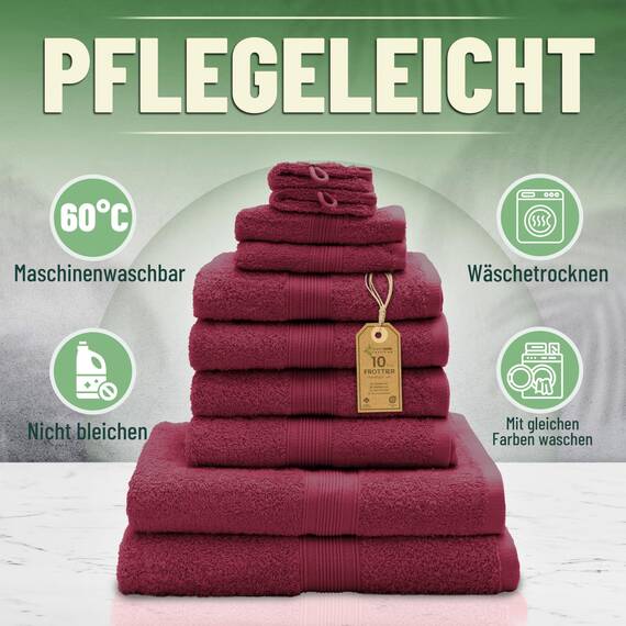 Green Mark Handtuch-Set mit 10 Teilen – 100% Baumwolle – 4 Handtücher 50×100 cm, 2 große Duschtücher 70×140 cm, 2 Gästetücher 30×50 cm und 2 Waschhandschuhe – Bordeauxrot