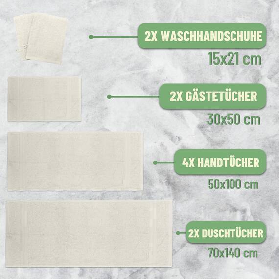 GREEN MARK Textilien 10 TLG. FROTTIER Handtuch-Set mit verschiedenen Größen 4X Handtücher, 2X Duschtücher, 2X Gästetücher, 2X Waschhandschuhe | Farbe: Creme/Natur | Premium Qualität