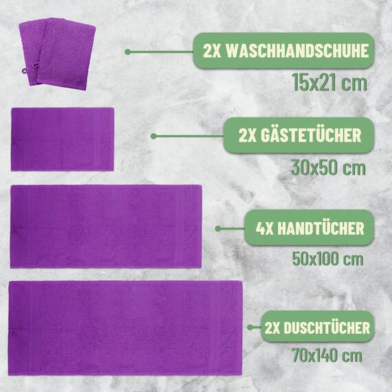 Green Mark Handtuch-Set mit 10 Teilen – 100% Baumwolle – 4 Handtücher 50×100 cm, 2 große Duschtücher 70×140 cm, 2 Gästetücher 30×50 cm und 2 Waschhandschuhe – Lila