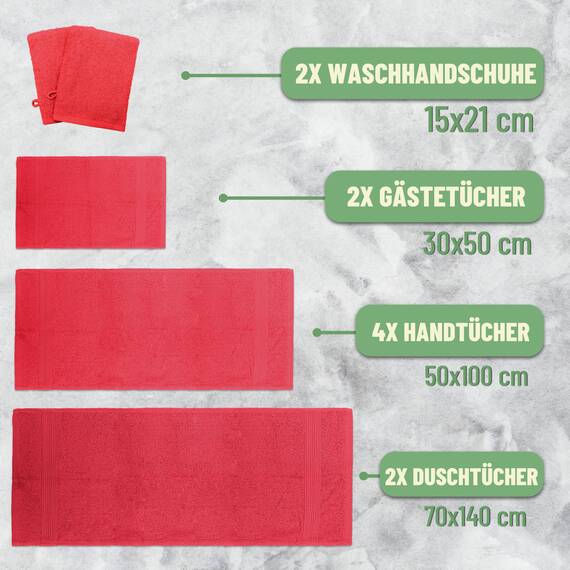 Green Mark Handtuch-Set mit 10 Teilen – 100% Baumwolle – 4 Handtücher 50×100 cm, 2 große Duschtücher 70×140 cm, 2 Gästetücher 30×50 cm und 2 Waschhandschuhe – Rot
