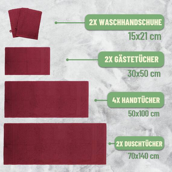 Green Mark Handtuch-Set mit 10 Teilen – 100% Baumwolle – 4 Handtücher 50×100 cm, 2 große Duschtücher 70×140 cm, 2 Gästetücher 30×50 cm und 2 Waschhandschuhe – Bordeauxrot