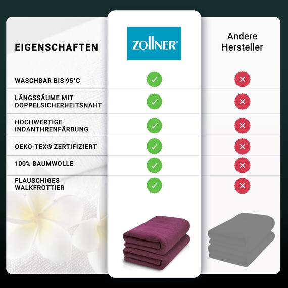 ZOLLNER 2er Set Saunatücher - weiche und saugstarke Handtücher - waschbar bis 95°C - Baumwolle -70x200 cm in brombeer
