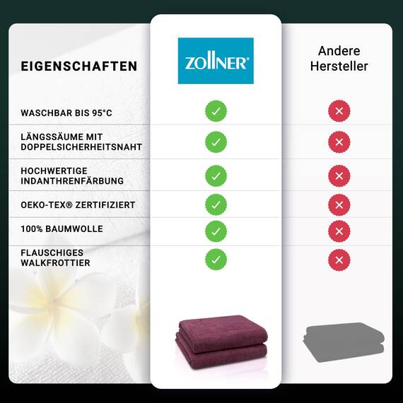 ZOLLNER 2er Set Badetücher - weiche und saugstarke Duschtücher - waschbar bis 95°C - Baumwolle - 100x150 cm in brombeer
