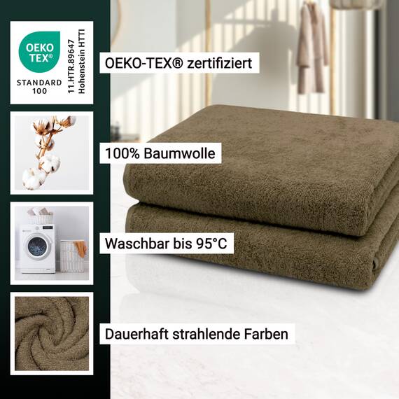 ZOLLNER 2er Set Badetücher - weiche und saugstarke Duschtücher - waschbar bis 95°C - Baumwolle - 100x150 cm in braun