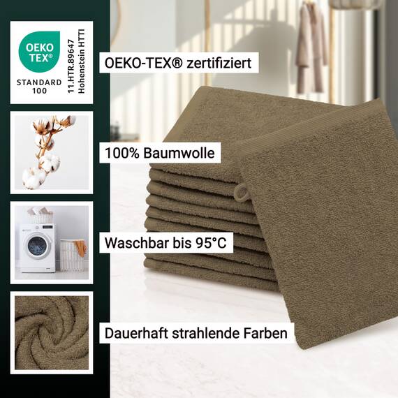 ZOLLNER 10er Set Waschlappen - weiche und saugstarke Waschhandschuhe - waschbar bis 95°C - Baumwolle - 16x21 cm in braun