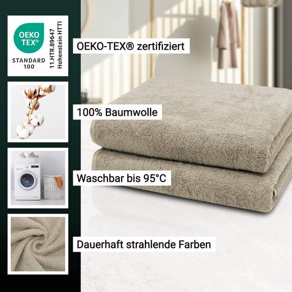 ZOLLNER 2er Set Badetücher - weiche und saugstarke Duschtücher - waschbar bis 95°C - Baumwolle - 100x150 cm in Cappuccino