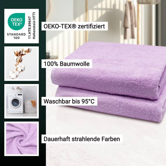ZOLLNER 2er Set Badetücher - weiche und saugstarke Duschtücher - waschbar bis 95°C - Baumwolle - 100x150 cm in Flieder
