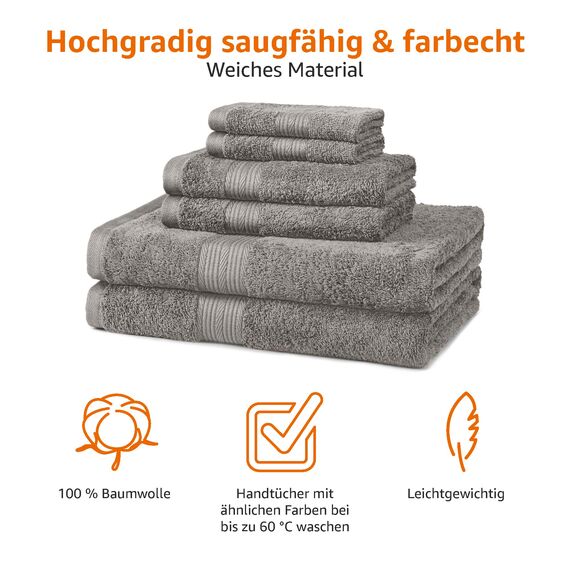 Amazon Basics 6-Teiliges Handtücher-Set aus Baumwolle für das Bad - Ausbleichsicher und Wasserabsorbierend, Grau