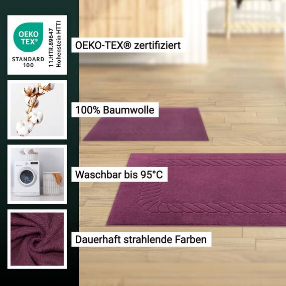 ZOLLNER 2er Set Badematten - weiche und saugstarke Duschvorleger - waschbar bis 95°C - Baumwolle - 50x70 cm in brombeer