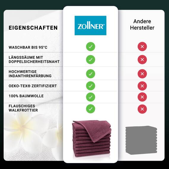 ZOLLNER 10er Set Gästehandtücher - weiche und saugstarke Handtücher - waschbar bis 95°C - Baumwolle - 30x50 cm in brombeer