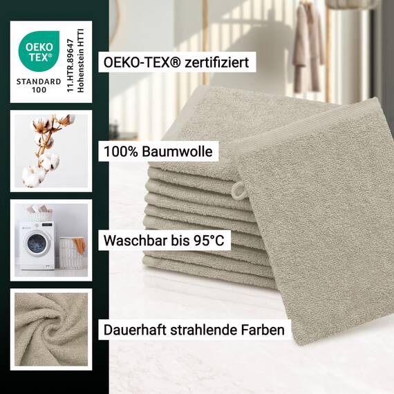 ZOLLNER 10er Set Waschlappen - weiche und saugstarke Waschhandschuhe - waschbar bis 95°C - Baumwolle - 16x21 cm in Cappuccino