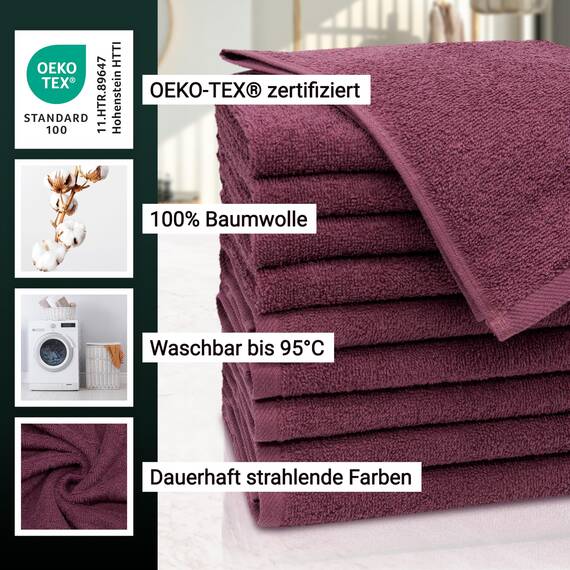 ZOLLNER 10er Set Gästehandtücher - weiche und saugstarke Handtücher - waschbar bis 95°C - Baumwolle - 30x50 cm in brombeer