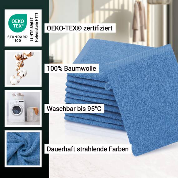 ZOLLNER 10er Set Waschlappen - weiche und saugstarke Waschhandschuhe - waschbar bis 95°C - Baumwolle - 16x21 cm in blau