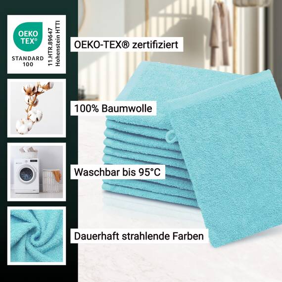 ZOLLNER 10er Set Waschlappen - weiche und saugstarke Waschhandschuhe - waschbar bis 95°C - Baumwolle - 16x21 cm in azurblau