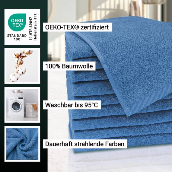 ZOLLNER 10er Set Gästehandtücher - weiche und saugstarke Handtücher - waschbar bis 95°C - Baumwolle - 30x50 cm in blau
