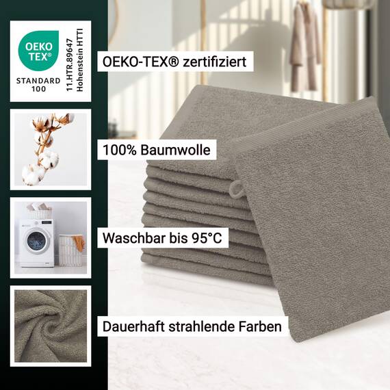 ZOLLNER 10er Set Waschlappen - weiche und saugstarke Waschhandschuhe - waschbar bis 95°C - Baumwolle - 16x21 cm in Fango
