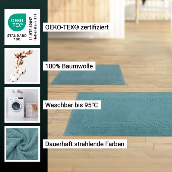 ZOLLNER 2er Set Badematten - weiche und saugstarke Duschvorleger - waschbar bis 95°C - Baumwolle - 50x70 cm in Petrol