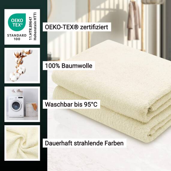 ZOLLNER 2er Set Duschtücher - weiche und saugstarke Handtücher - waschbar bis 95°C - Baumwolle - 70x140 cm in Natur