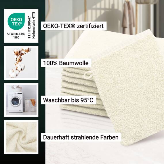 ZOLLNER 10er Set Waschlappen - weiche und saugstarke Waschhandschuhe - waschbar bis 95°C - Baumwolle - 16x21 cm in beige