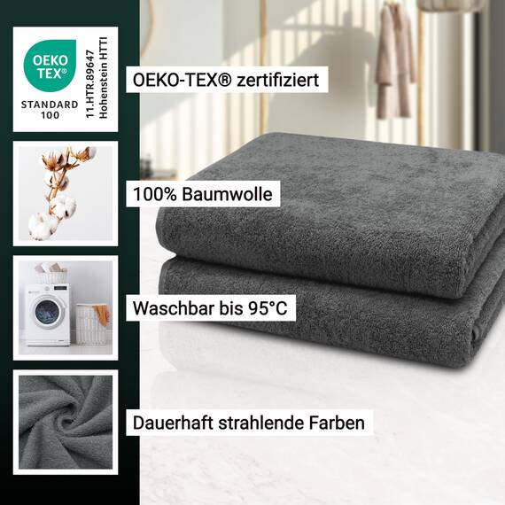 ZOLLNER 2er Set Badetücher - weiche und saugstarke Duschtücher - waschbar bis 95°C - Baumwolle - 100x150 cm in Graphit