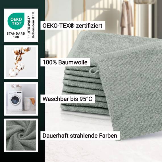 ZOLLNER 10er Set Waschlappen - weiche und saugstarke Waschhandschuhe - waschbar bis 95°C - Baumwolle - 16x21 cm in hellgrau