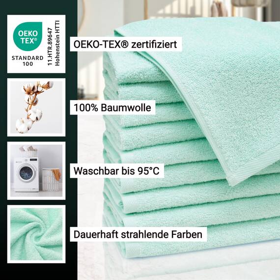 ZOLLNER 10er Set Gästehandtücher - weiche und saugstarke Handtücher - waschbar bis 95°C - Baumwolle - 30x50 cm in Mint