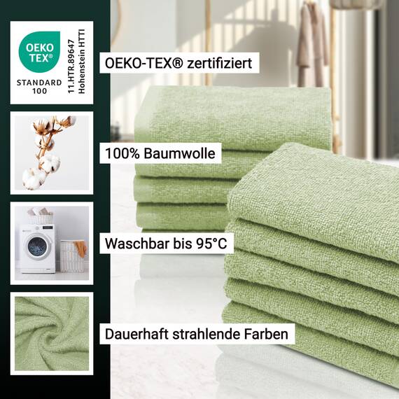 ZOLLNER 10er Set Seiftücher - weiche und saugstarke Waschlappen - waschbar bis 95°C - Baumwolle - 30x30 cm in lindgrün