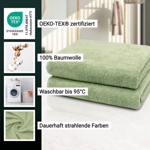 ZOLLNER 2er Set Badetücher - weiche und saugstarke Duschtücher - waschbar bis 95°C - Baumwolle - 100x150 cm in lindgrün