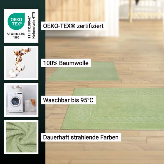 ZOLLNER 2er Set Badematten - weiche und saugstarke Duschvorleger - waschbar bis 95°C - Baumwolle - 50x70 cm in lindgrün