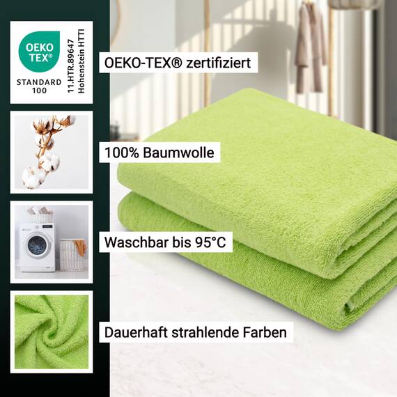 ZOLLNER 2er Set Duschtücher - weiche und saugstarke Handtücher - waschbar bis 95°C - Baumwolle - 70x140 cm in grün