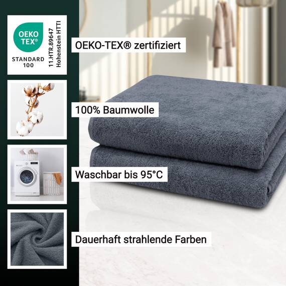 ZOLLNER 2er Set Badetücher - weiche und saugstarke Duschtücher - waschbar bis 95°C - Baumwolle - 100x150 cm in grau
