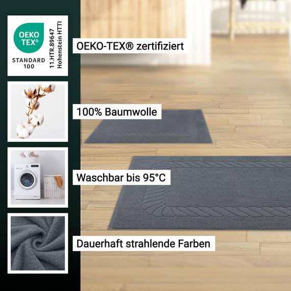 ZOLLNER 2er Set Badematten - weiche und saugstarke Duschvorleger - waschbar bis 95°C - Baumwolle - 50x70 cm in grau