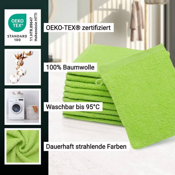 ZOLLNER 10er Set Waschlappen - weiche und saugstarke Waschhandschuhe - waschbar bis 95°C - Baumwolle - 16x21 cm in grün