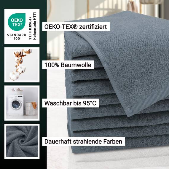 ZOLLNER 10er Set Gästehandtücher - weiche und saugstarke Handtücher - waschbar bis 95°C - Baumwolle - 30x50 cm in grau