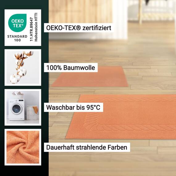 ZOLLNER 2er Set Badematten - weiche und saugstarke Duschvorleger - waschbar bis 95°C - Baumwolle - 50x70 cm in orange