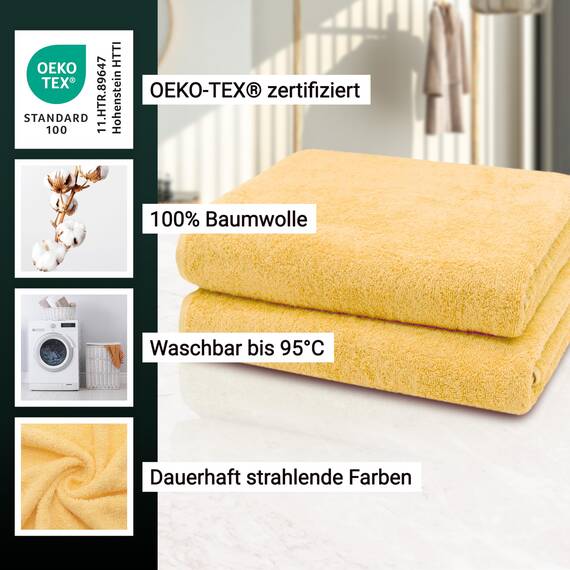 ZOLLNER 2er Set Badetücher - weiche und saugstarke Duschtücher - waschbar bis 95°C - Baumwolle - 100x150 cm in gelb