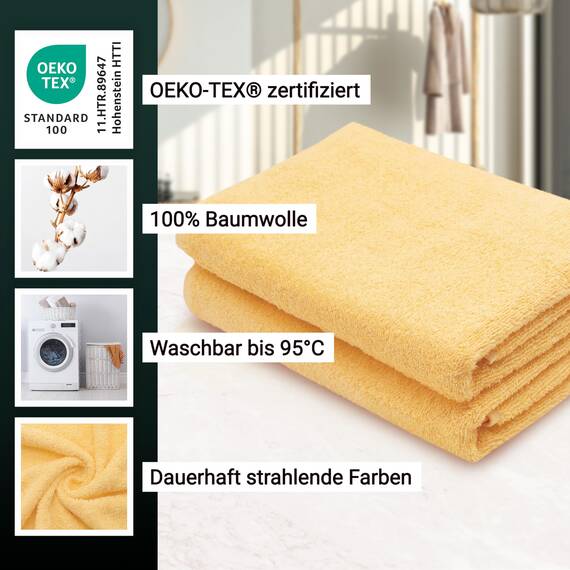 ZOLLNER 2er Set Duschtücher - weiche und saugstarke Handtücher - waschbar bis 95°C - Baumwolle - 70x140 cm in gelb