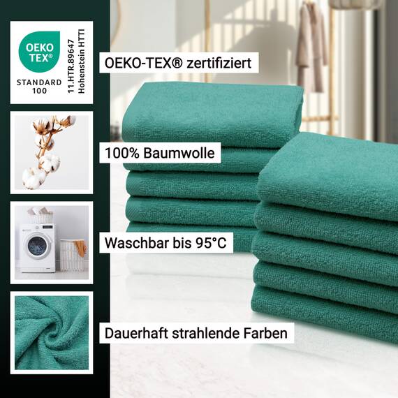 ZOLLNER 10er Set Seiftücher - weiche und saugstarke Waschlappen - waschbar bis 95°C - Baumwolle - 30x30 cm in türkis