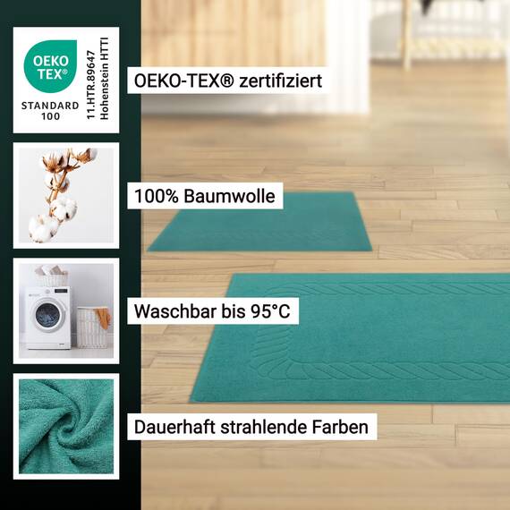 ZOLLNER 2er Set Badematten - weiche und saugstarke Duschvorleger - waschbar bis 95°C - Baumwolle - 50x70 cm in türkis