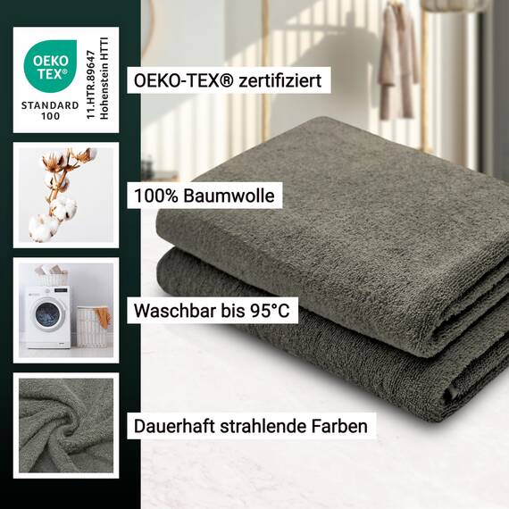 ZOLLNER 2er Set Duschtücher - weiche und saugstarke Handtücher - waschbar bis 95°C - Baumwolle - 70x140 cm in Taupe