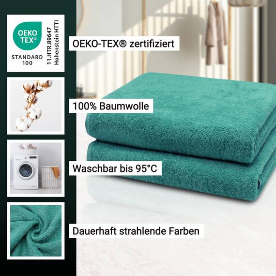 ZOLLNER 2er Set Badetücher - weiche und saugstarke Duschtücher - waschbar bis 95°C - Baumwolle - 100x150 cm in türkis