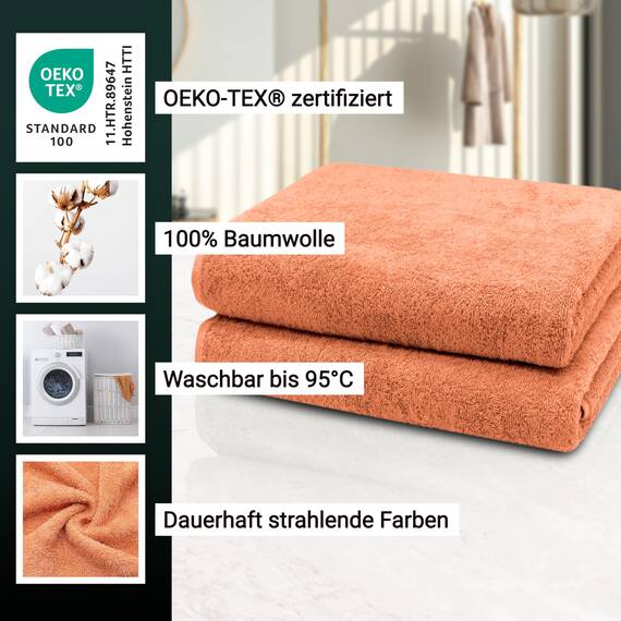 ZOLLNER 2er Set Badetücher - weiche und saugstarke Duschtücher - waschbar bis 95°C - Baumwolle - 100x150 cm in orange