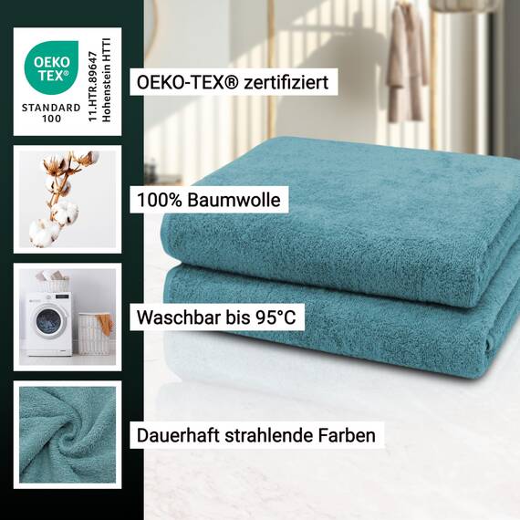 ZOLLNER 2er Set Badetücher - weiche und saugstarke Duschtücher - waschbar bis 95°C - Baumwolle - 100x150 cm in Petrol
