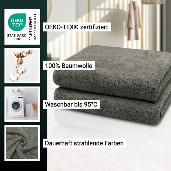 ZOLLNER 2er Set Badetücher - weiche und saugstarke Duschtücher - waschbar bis 95°C - Baumwolle - 100x150 cm in Taupe