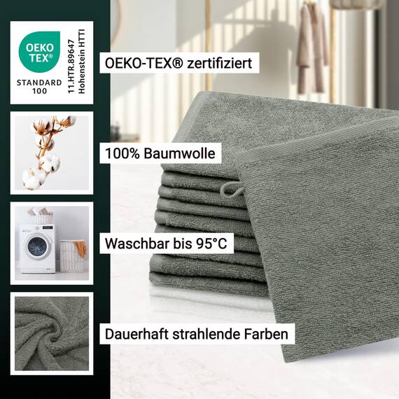 ZOLLNER 10er Set Waschlappen - weiche und saugstarke Waschhandschuhe - waschbar bis 95°C - Baumwolle - 16x21 cm in Taupe